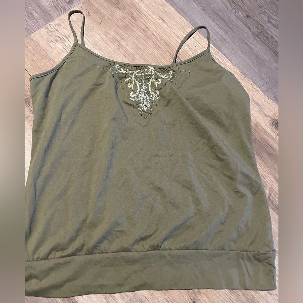 A.N.A covert green tank top with embroidery studs and sequins at neckline size L